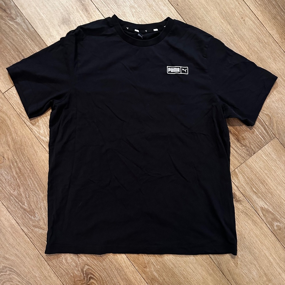 Puma Mens Short Sleeve Graphic T-Shirt Black Size XL Box Logo Crew Neck Tee